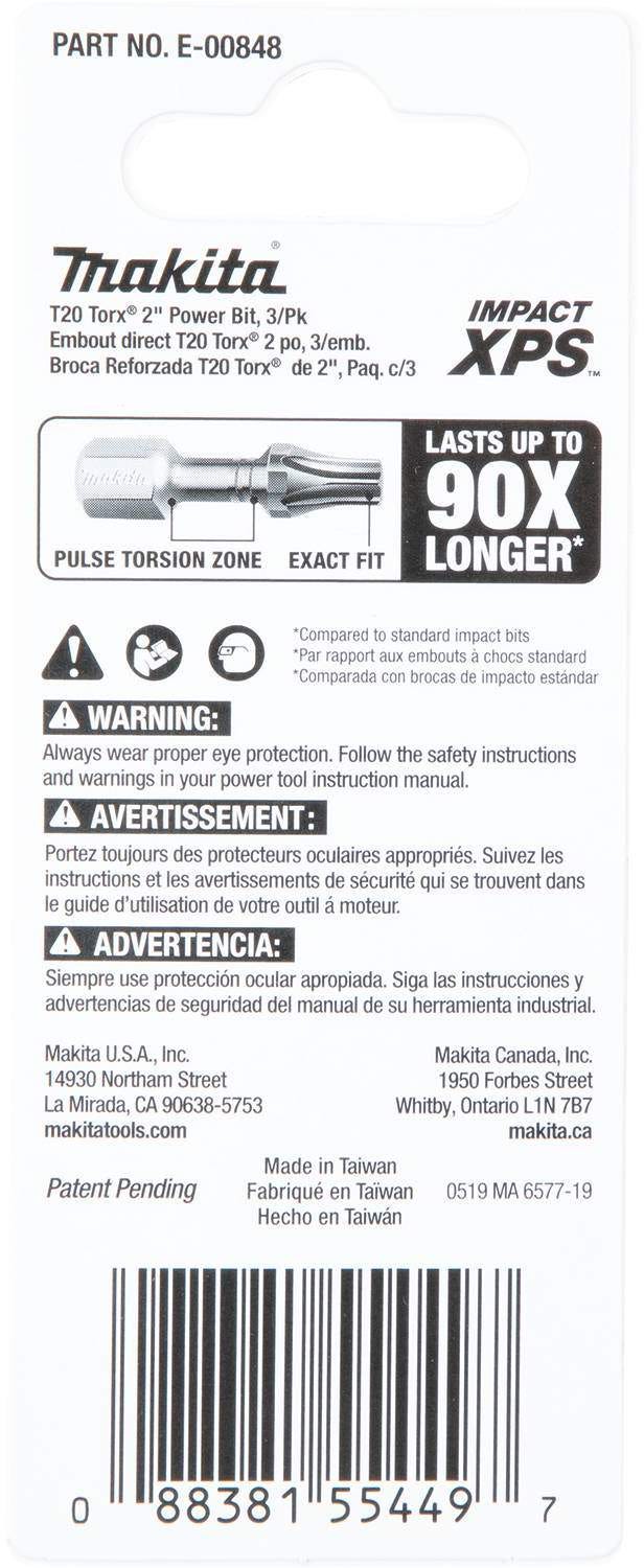 Makita E-00848 Impact XPS T20 Torx 2" Power Bit, 3/pk