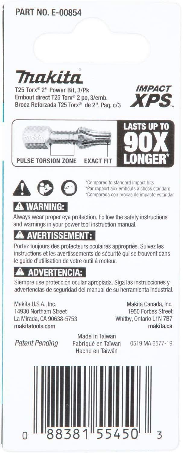 Makita E-00854 Impact XPS T25 Torx 2" Power Bit, 3/pk