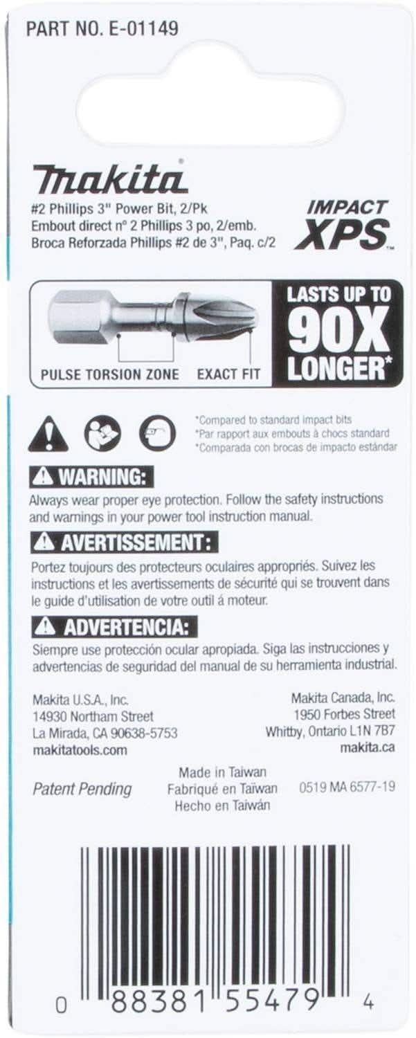Makita E-01149 Impact XPS #2 Phillips 3" Power Bit, 2/pk