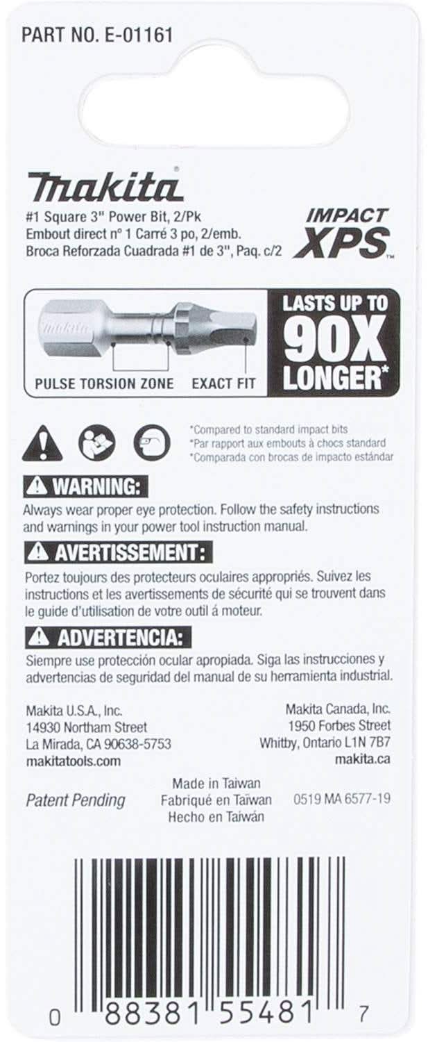 Makita E-01161 Impact XPS #1 Square 3" Power Bit, 2/pk