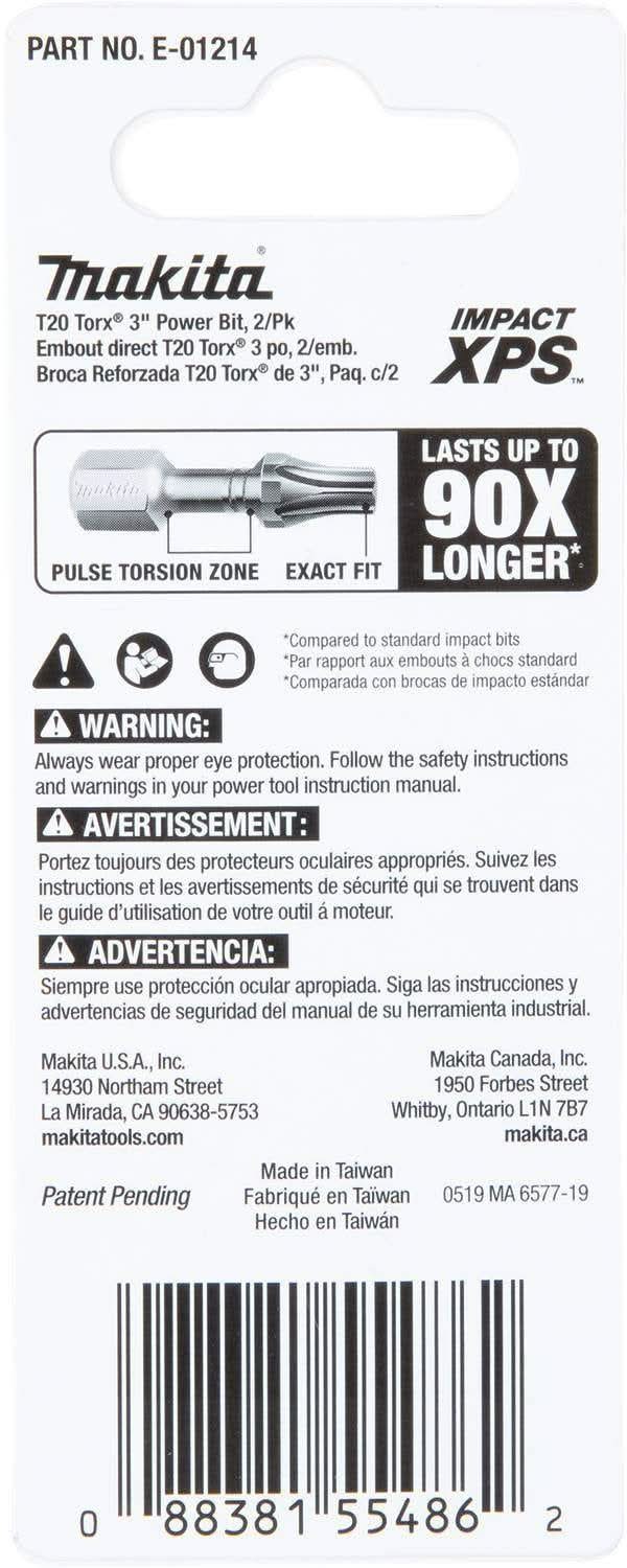Makita E-01214 Impact XPS T20 Torx 3" Power Bit, 2/pk