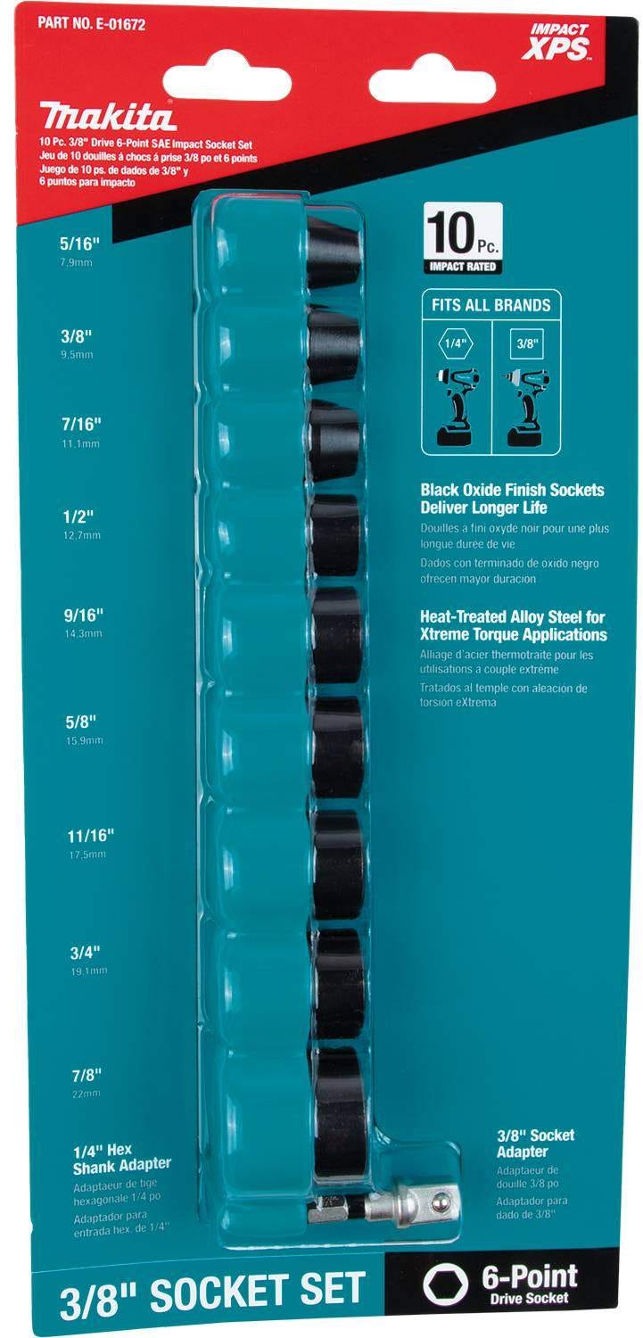 Makita E-01672 Impact XPS 10 Pc. 3/8" Drive 6-Point SAE Impact Socket Set w/ Standard Socket Adapter