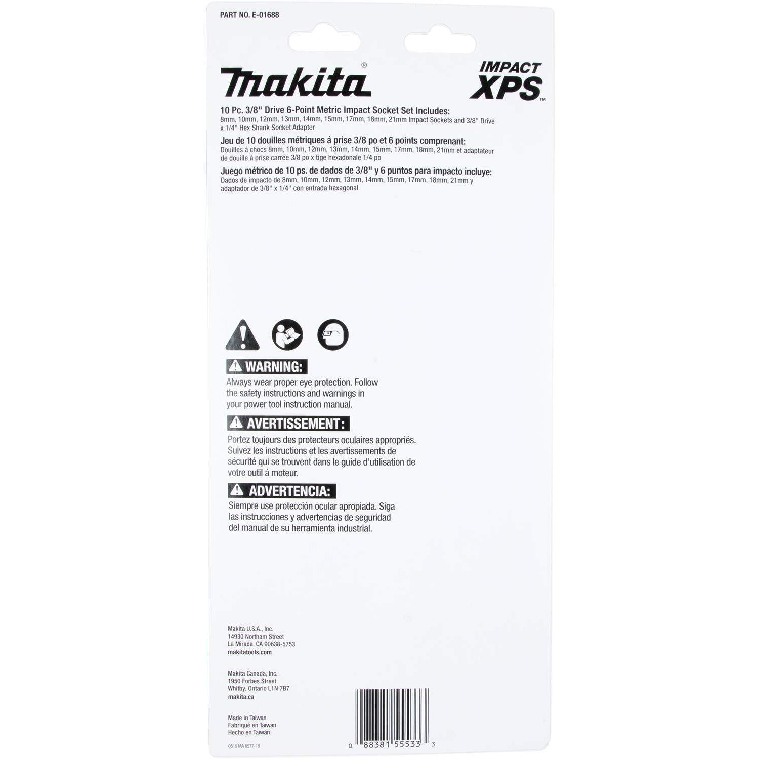 Makita E-01688 Impact XPS 10 Pc. 3/8" Drive 6-Point Metric Impact Socket Set w/ Standard Socket Adapter