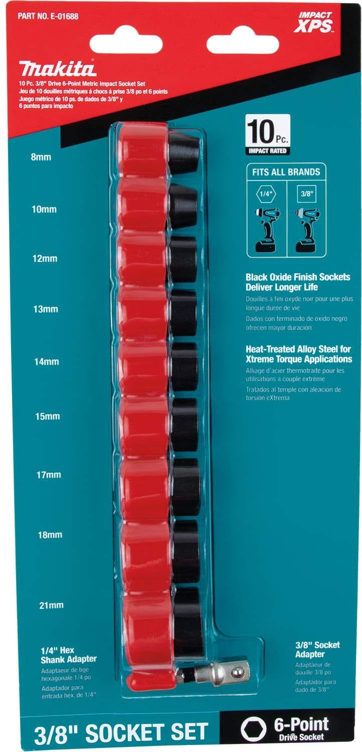 Makita E-01688 Impact XPS 10 Pc. 3/8" Drive 6-Point Metric Impact Socket Set w/ Standard Socket Adapter