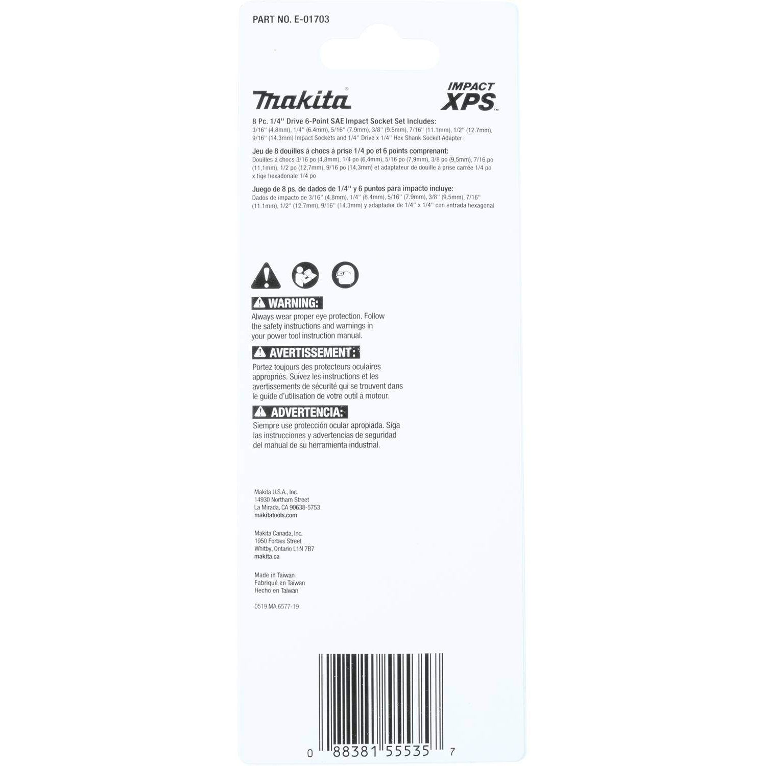 Makita E-01703 Impact XPS 8 Pc. 1/4" Drive 6-Point SAE Impact Socket Set w/ Standard Socket Adapter