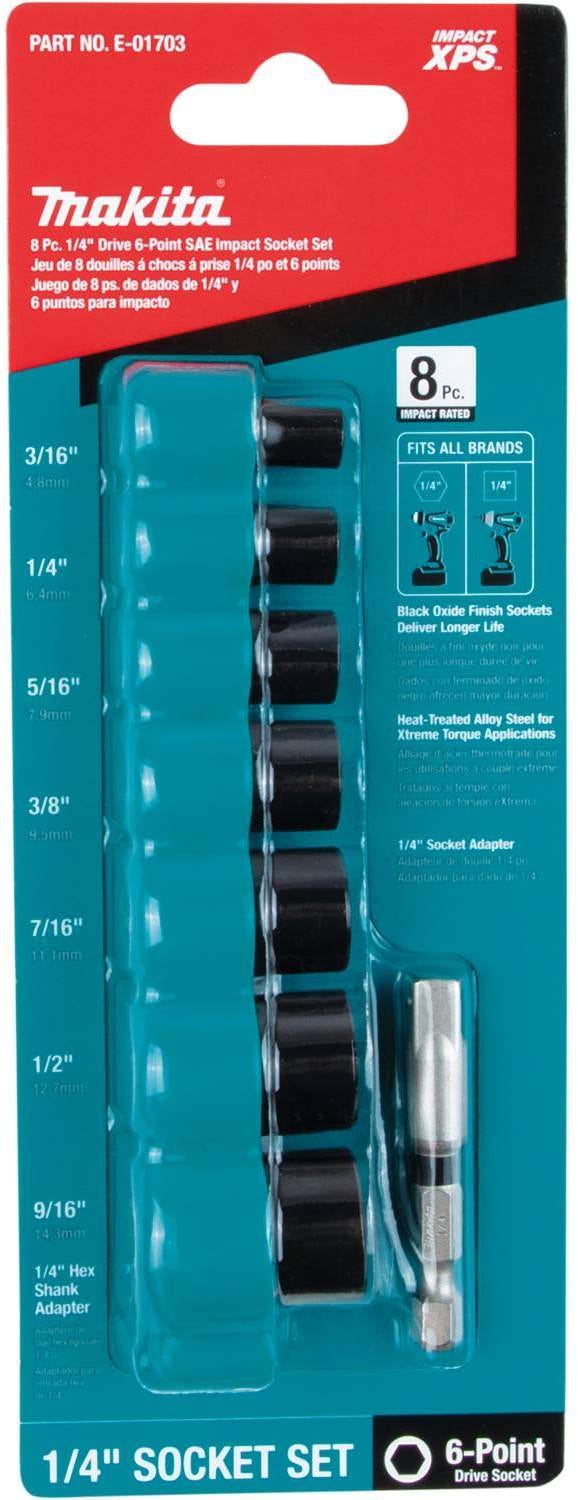 Makita E-01703 Impact XPS 8 Pc. 1/4" Drive 6-Point SAE Impact Socket Set w/ Standard Socket Adapter
