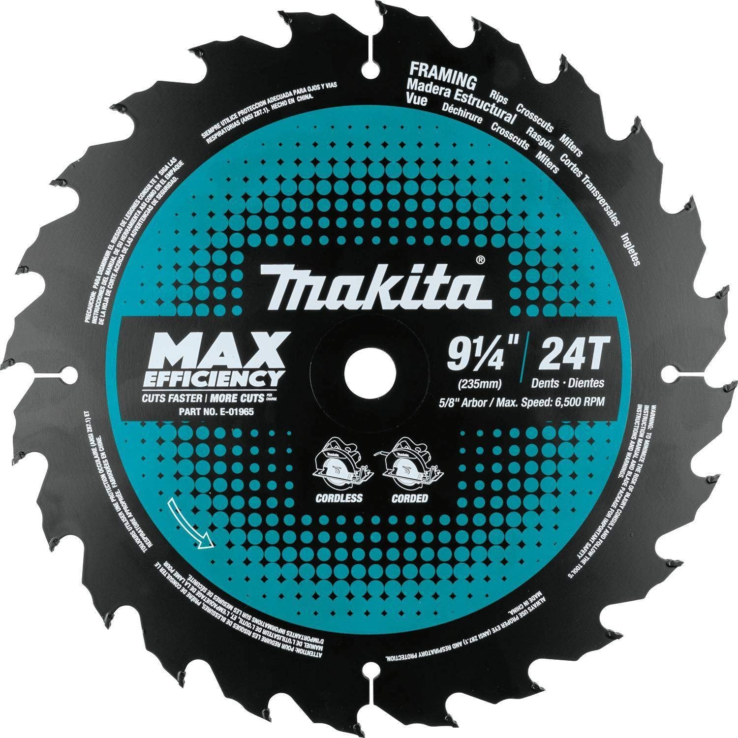 Makita E-01965 9-1/4" 24T Carbide-Tipped Max Efficiency Circular Saw Blade, Framing