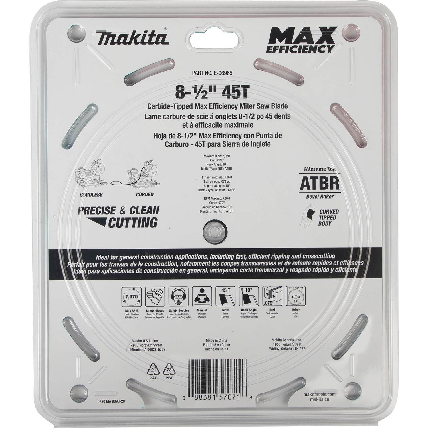 Makita E-06965 8-1/2" 45T Carbide-Tipped Max Efficiency Miter Saw Blade
