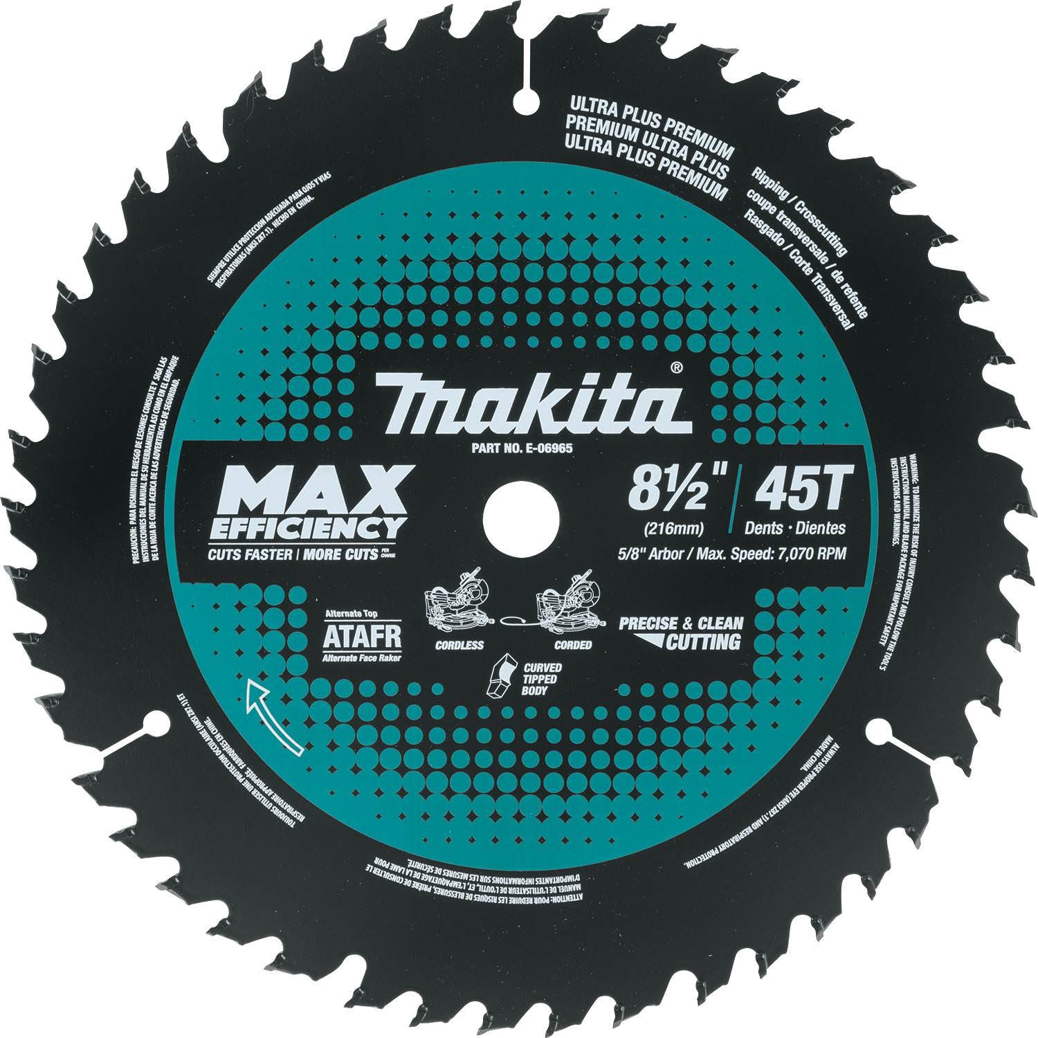 Makita E-06965 8-1/2" 45T Carbide-Tipped Max Efficiency Miter Saw Blade