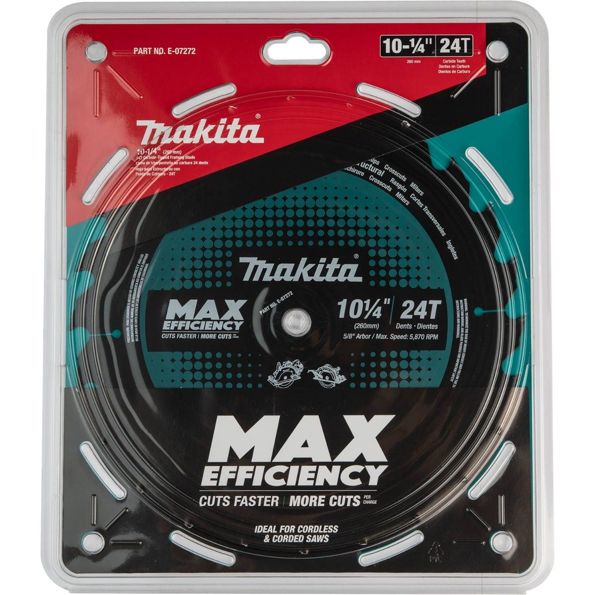 Makita E-07272 10-1/4" 24T Carbide-Tipped Max Efficiency Circular Saw Blade, Framing