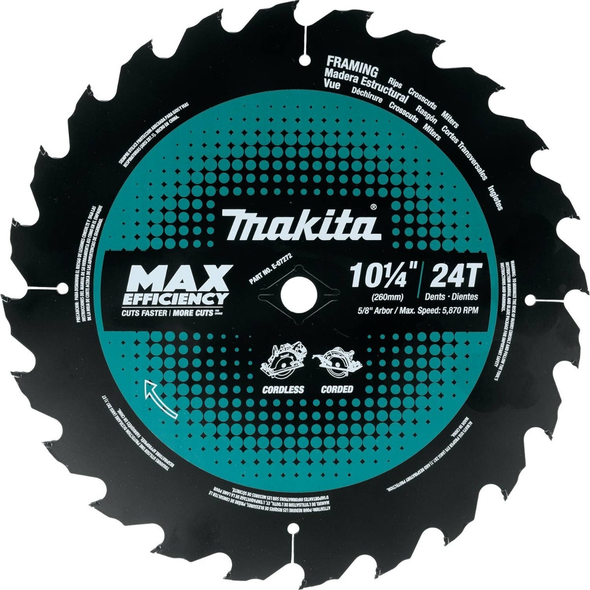 Makita E-07272 10-1/4" 24T Carbide-Tipped Max Efficiency Circular Saw Blade, Framing