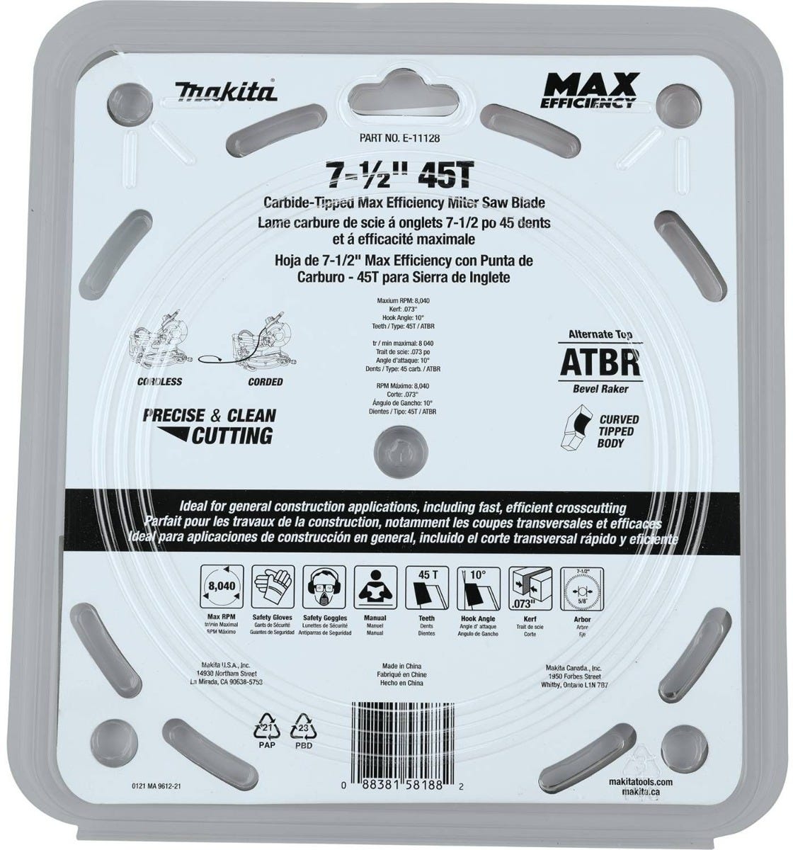 Makita E-11128 7-1/2" 45T Carbide-Tipped Max Efficiency Miter Saw Blade
