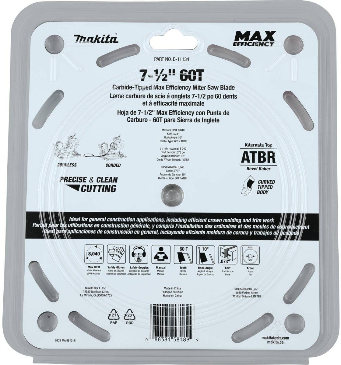 Makita E-11134 7-1/2" 60T Carbide-Tipped Max Efficiency Miter Saw Blade