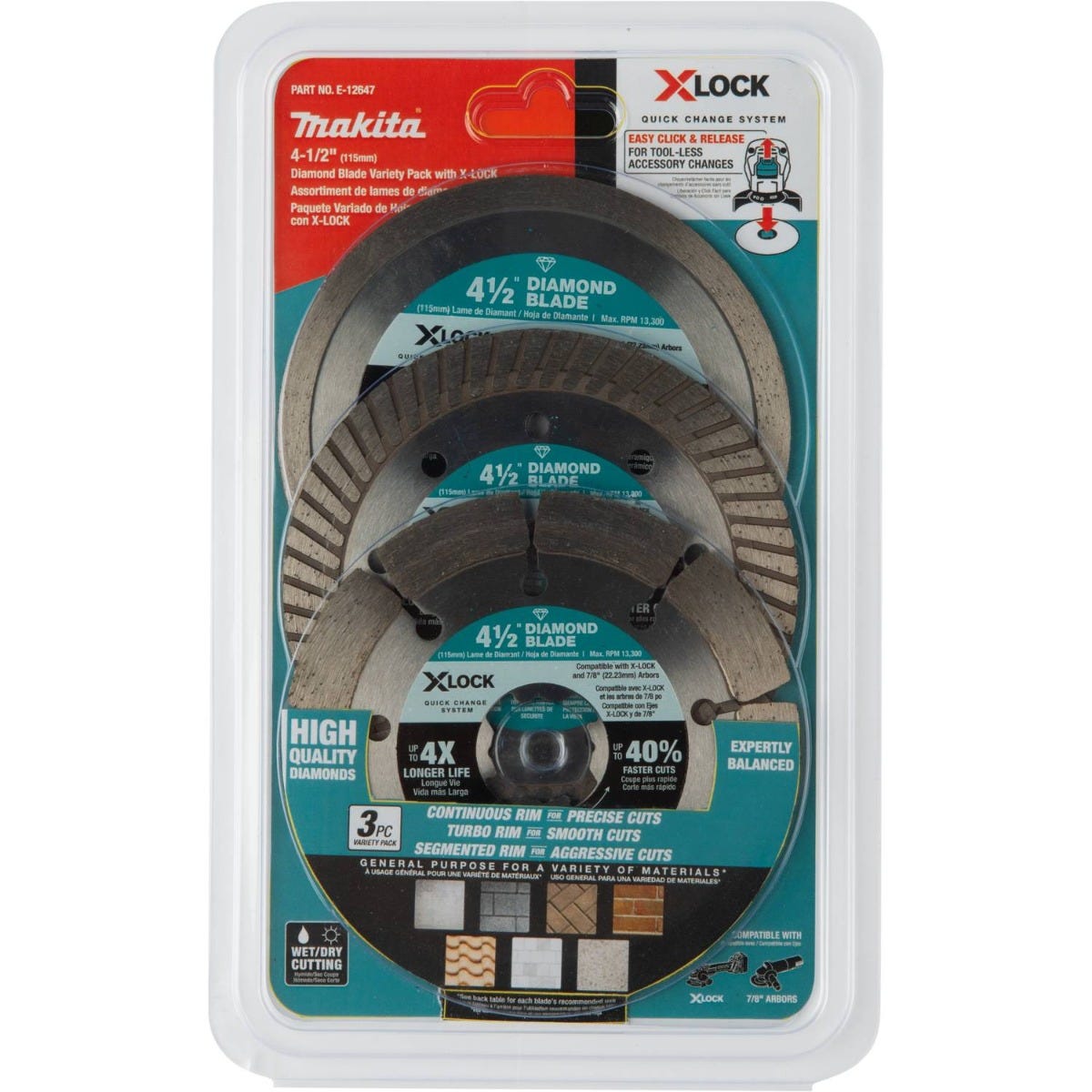 Makita E-12647 X-LOCK 4-1/2" Diamond Blade Variety Pack for Masonry Cutting, 3/pc