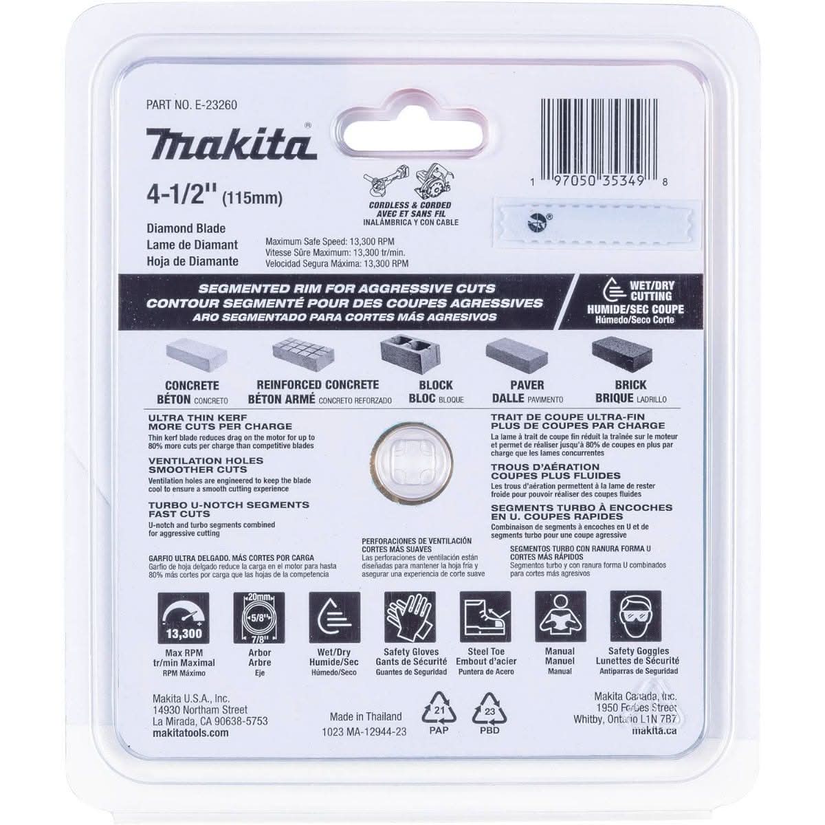 Makita E-23260 4-1/2" Thin Kerf Diamond Blade, Segmented, General Purpose
