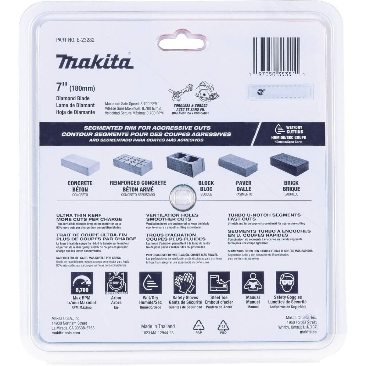 Makita E-23282 7" Thin Kerf Diamond Blade, Segmented, General Purpose