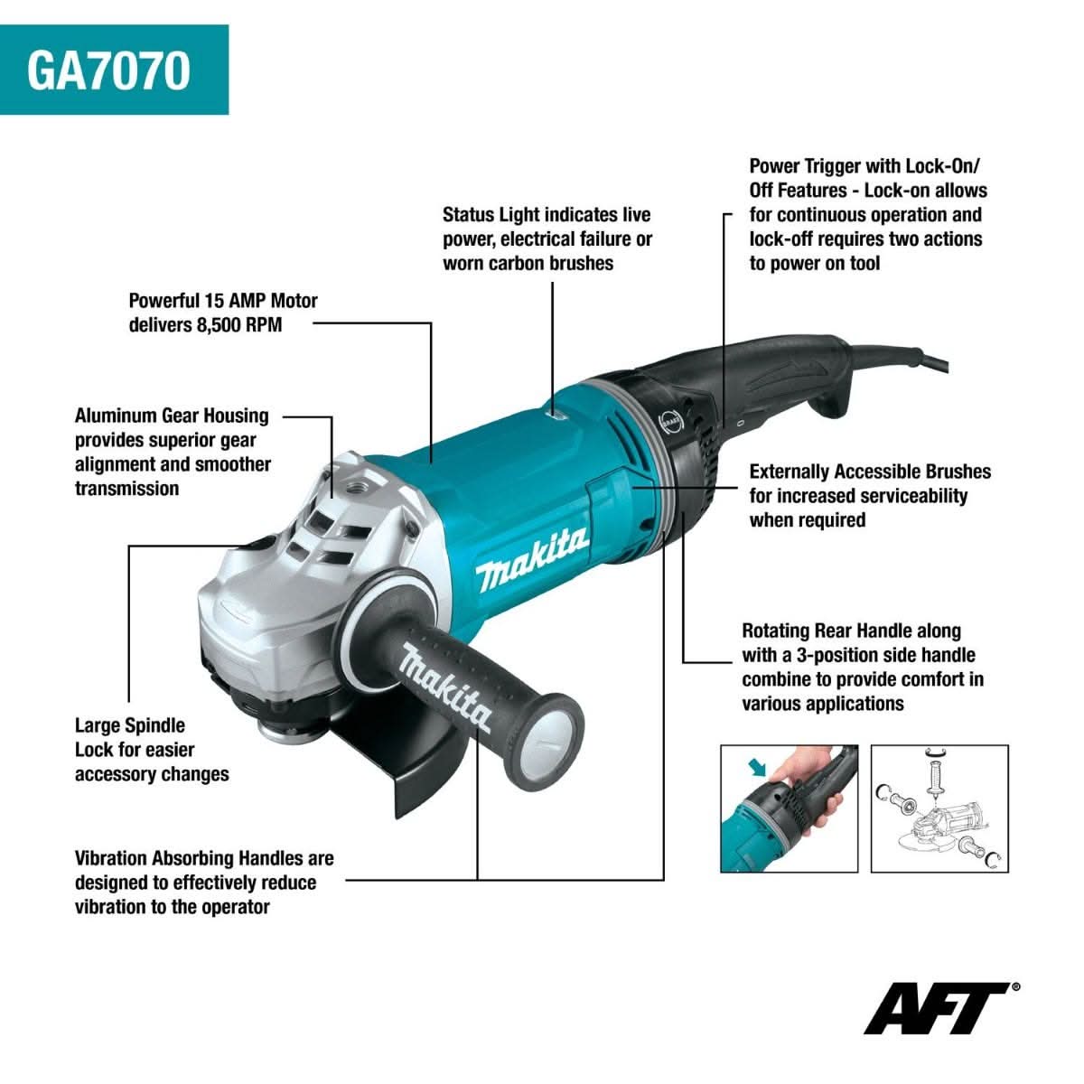 Makita GA7070X1 7" Angle Grinder, with AFT and Brake