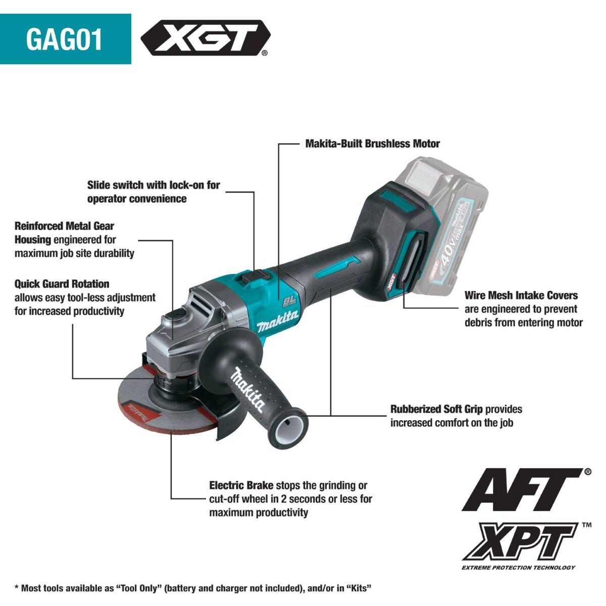 Makita GAG01Z 40V max XGT Brushless Cordless 4-1/2" / 5" Angle Grinder, with Electric Brake, Tool Only