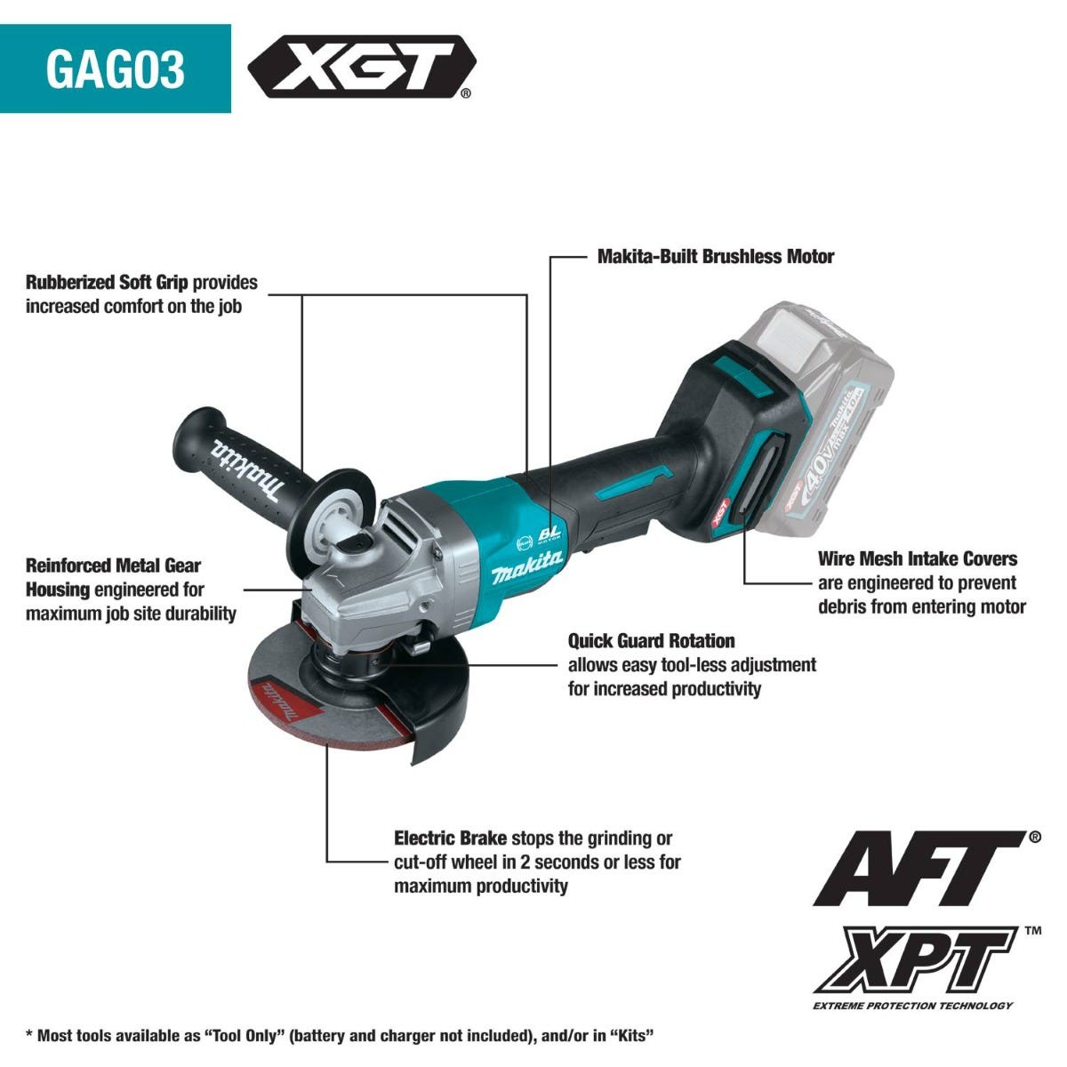Makita GAG03Z 40V max XGT Brushless Cordless 4-1/2" / 5" Paddle Switch Angle Grinder, with Electric Brake, Tool Only