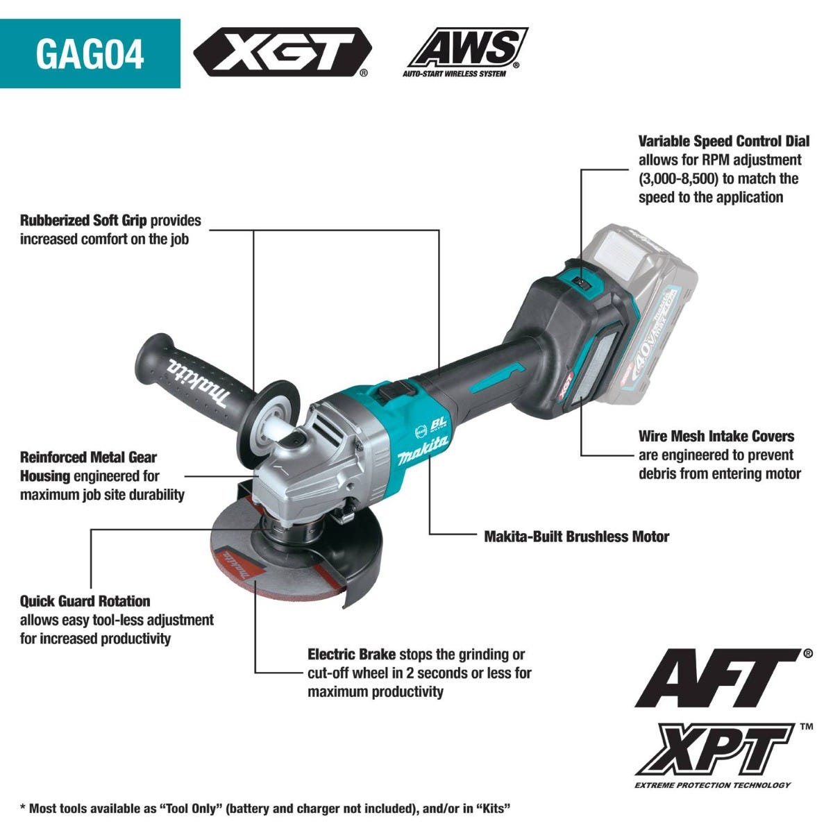 Makita GAG04Z 40V max XGT Brushless Cordless 4-1/2" / 5" Angle Grinder, with Electric Brake, AWS Capable, Tool Only