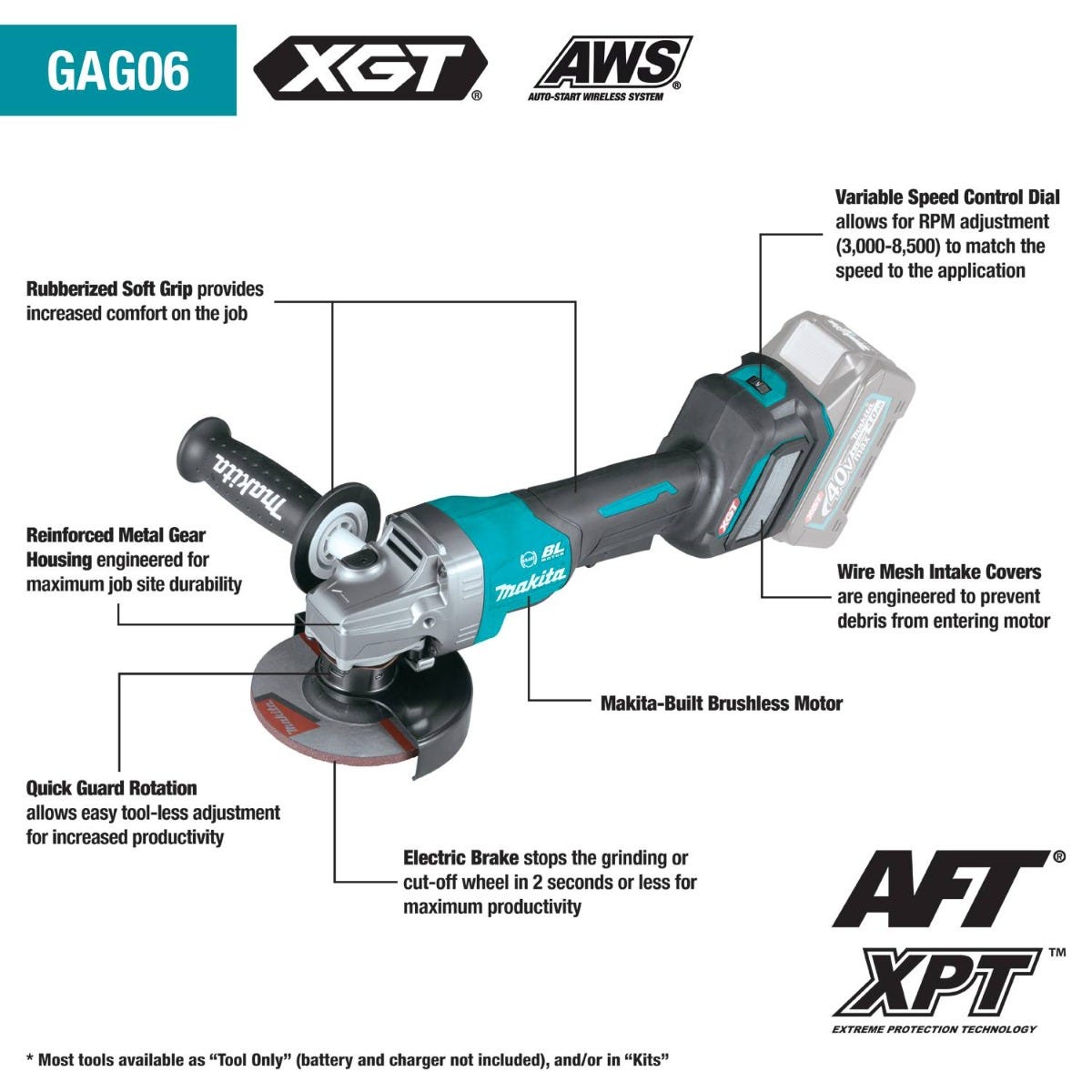 Makita GAG06Z 40V max XGT Brushless Cordless 4-1/2" / 5" Paddle Switch Angle Grinder, with Electric Brake, AWS Capable, Tool Only