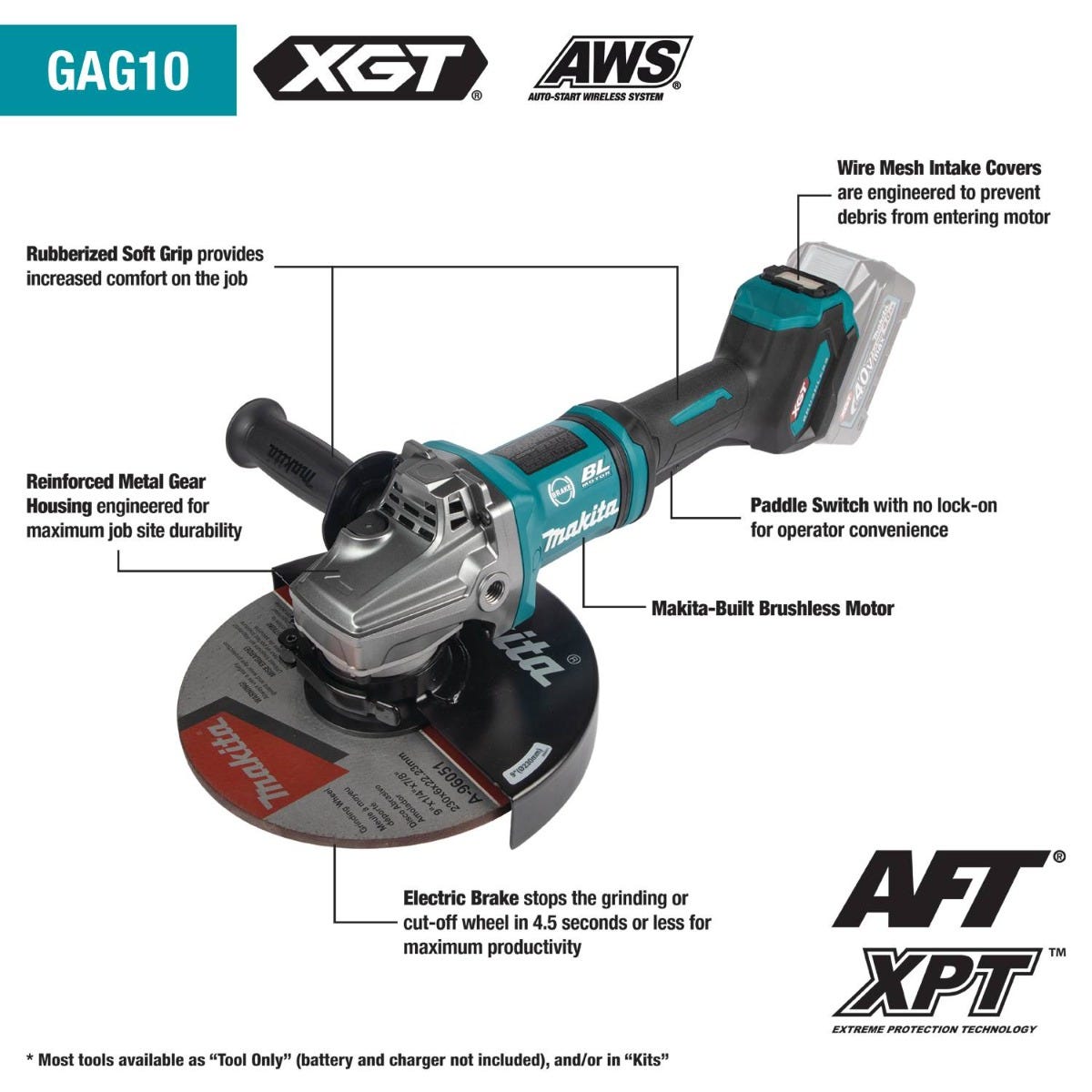 Makita GAG10Z 40V max XGT Brushless Cordless 7" / 9" Paddle Switch Angle Grinder, with Electric Brake, AWS Capable, Tool Only