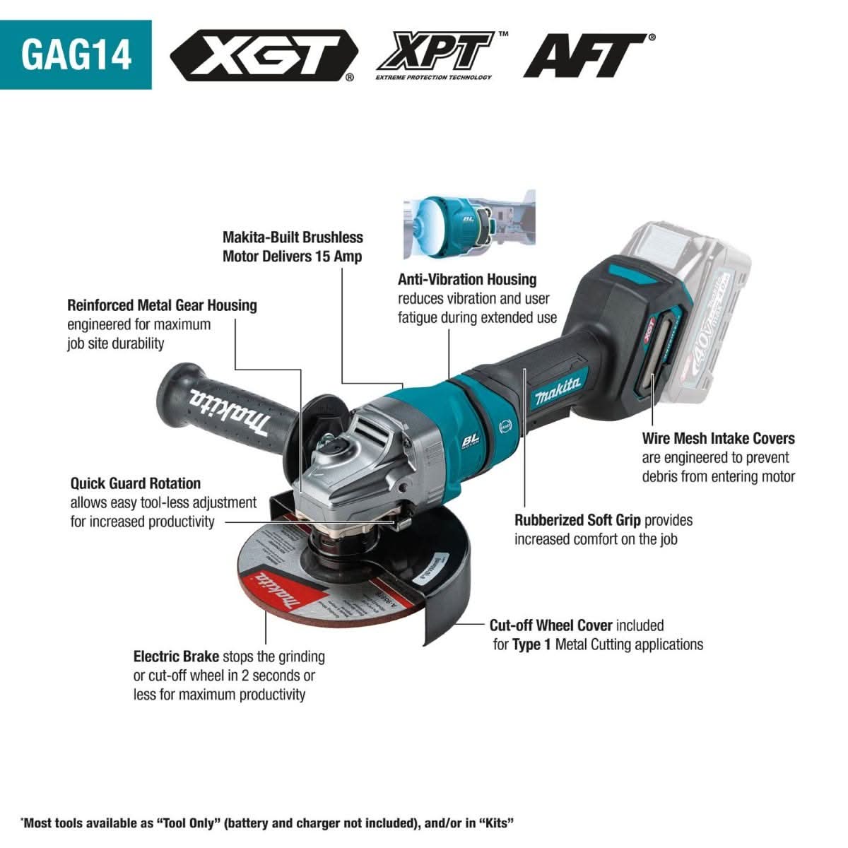 Makita GAG14Z 40V max XGT Brushless Cordless 4-1/2" / 6" Paddle Switch Angle Grinder, with Electric Brake, Tool Only