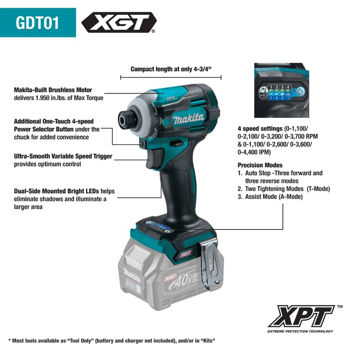 Makita GDT01Z 40V max XGT Brushless Cordless 4-Speed Impact Driver, Tool Only