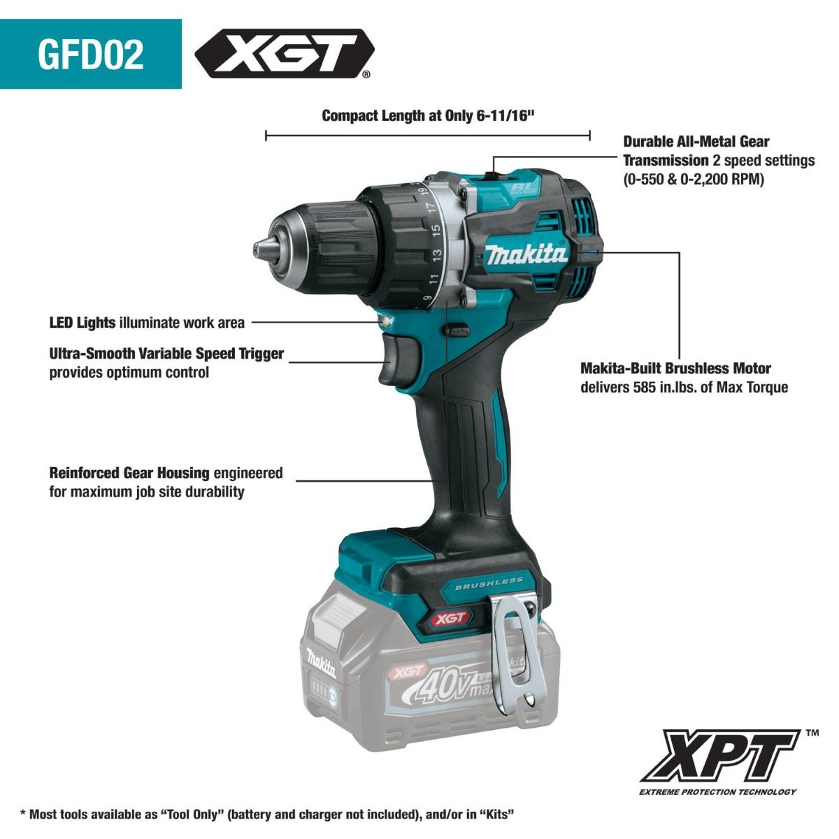 Makita GFD02Z 40V max XGT Compact Brushless Cordless 1/2" Driver-Drill, Tool Only