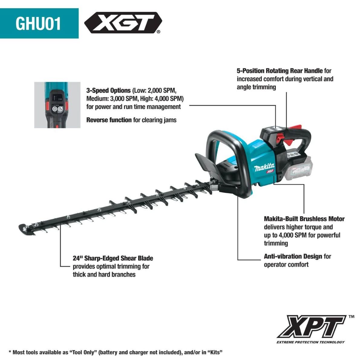 Makita GHU01Z 40V max XGT Brushless Cordless 24" Rough Cut Hedge Trimmer, Tool Only