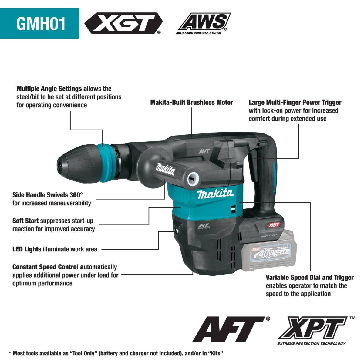 Makita GMH01M1 40V max XGT Brushless Cordless 15 lb. SDS-MAX AVT Demolition Hammer Kit, AWS Capable (4.0Ah)