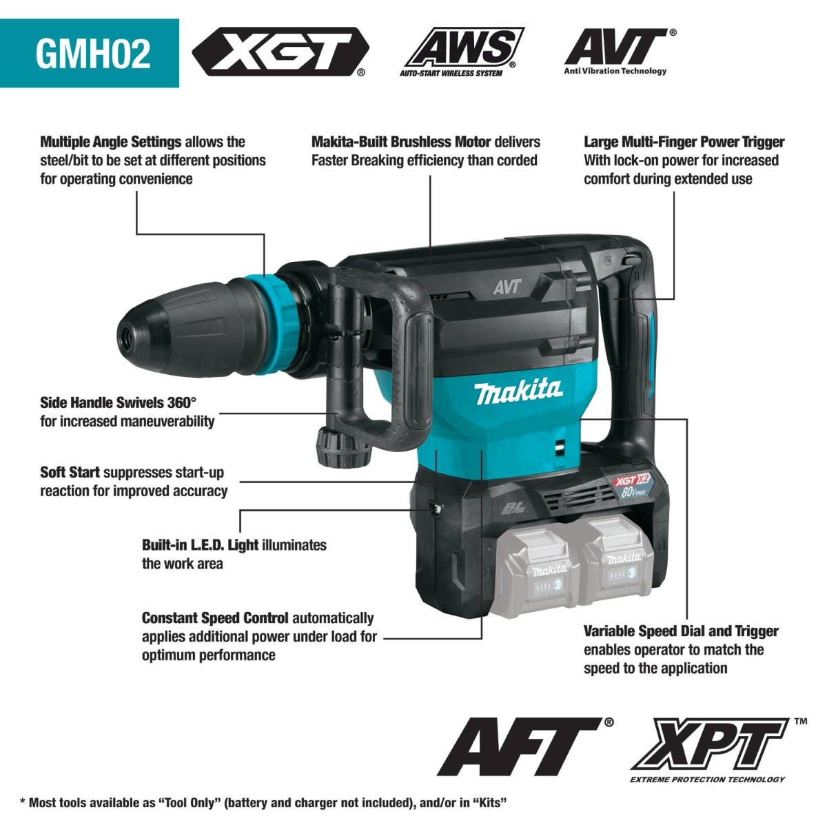 Makita GMH02Z 80V max (40V max X2) XGT Brushless 28 lb. SDS- MAX AVT Demolition Hammer, AWS Capable, Tool Only