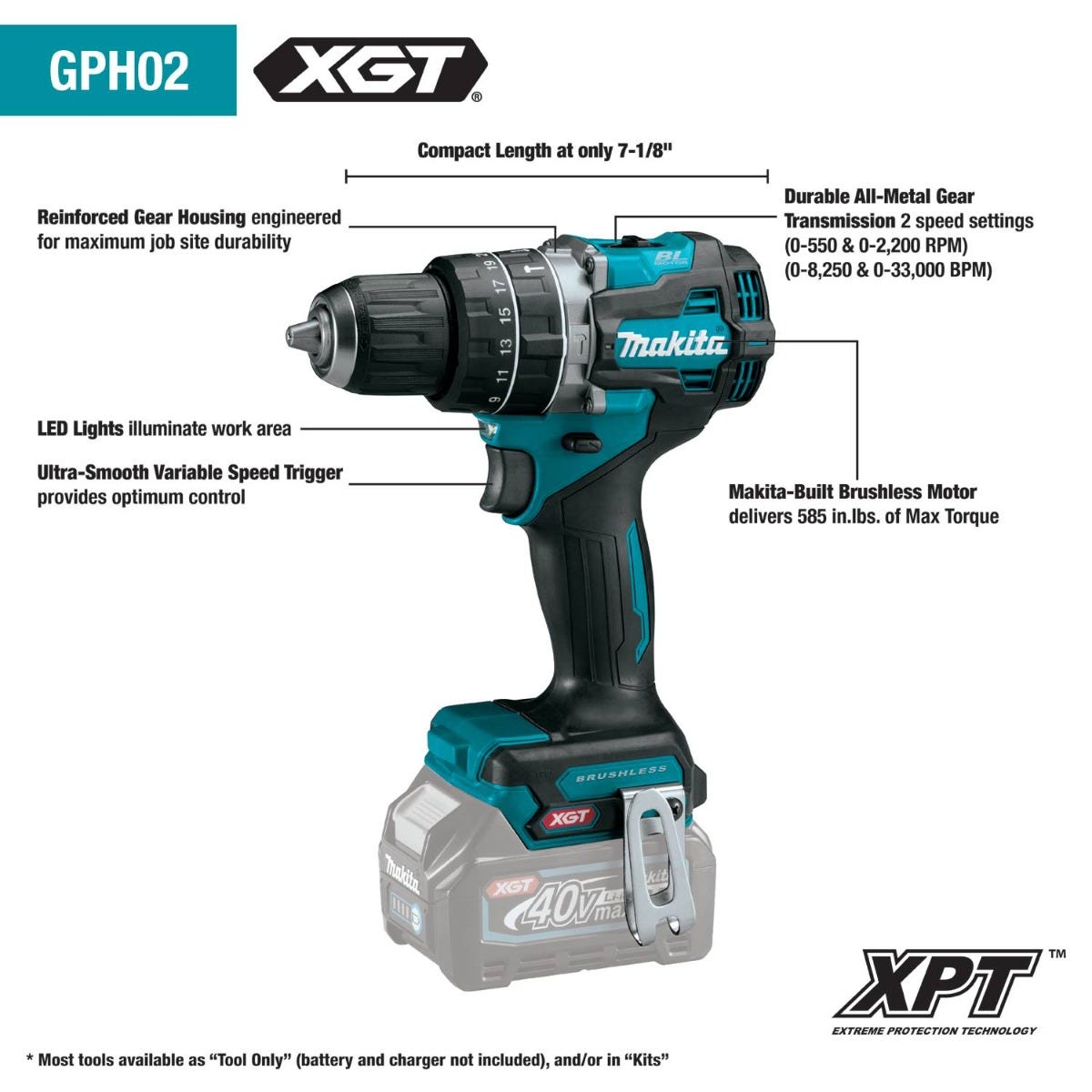 Makita GPH02Z 40V max XGT Compact Brushless Cordless 1/2" Hammer Driver-Drill, Tool Only