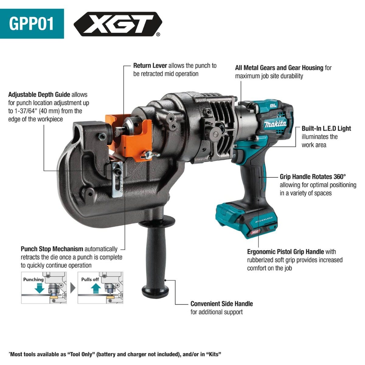 Makita GPP01ZK 40V max XGT Brushless Cordless 3/8" Metal Hole Puncher, Tool Only