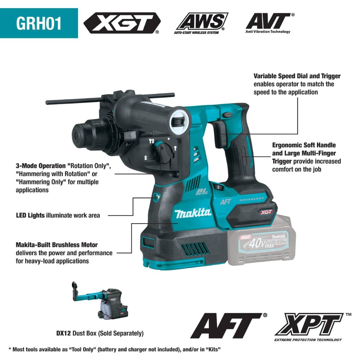 Makita GRH01Z 40V max XGT Brushless Cordless 1-1/8" SDS-PLUS AVT Rotary Hammer, AFT, AWS Capable, Tool Only