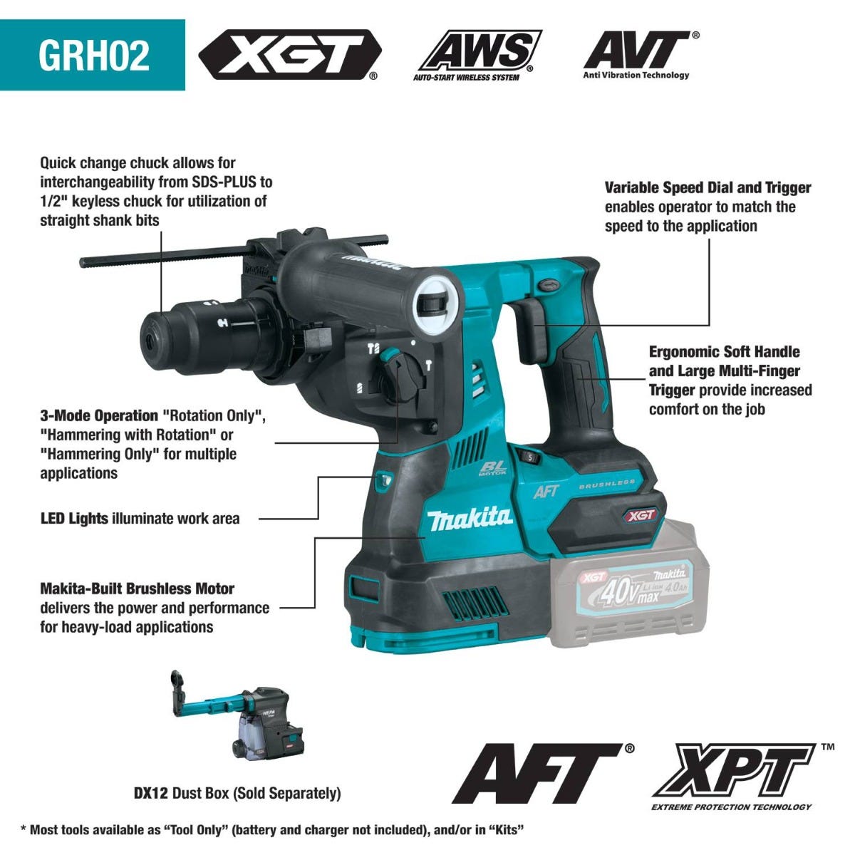 Makita GRH02Z 40V max XGT Brushless Cordless 1-1/8" SDS-PLUS AVT Rotary Hammer, with Interchangeable Chuck, AWS Capable, Tool Only