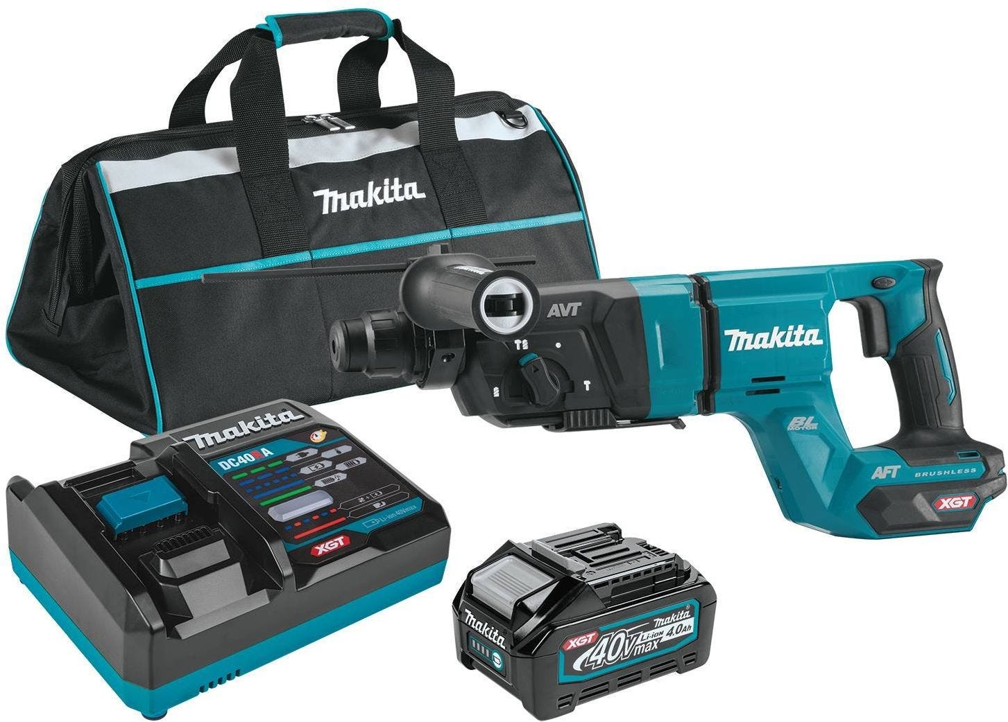Makita 40V max XGT Brushless Cordless 1-1/8 in. AVT Rotary Hammer (D-Handle) 4.0Ah Kit, and 5" X-LOCK Paddle Switch Angle Grinder (Bare Tool)