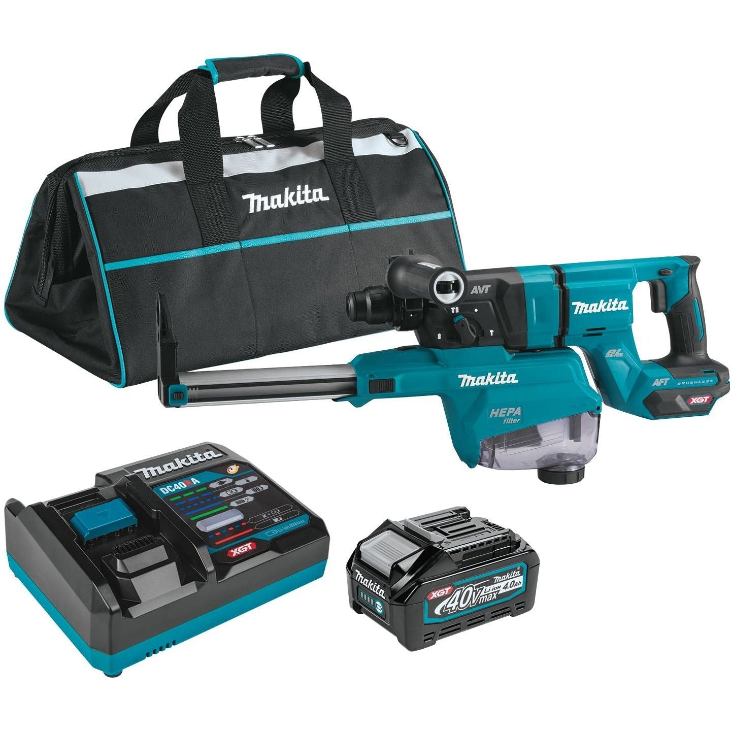 Makita GRH07M1W 40V max XGT Brushless 1-1/8" SDS-PLUS AVT Rotary Hammer (D-Handle) Kit w/ Dust Extractor, AFT, AWS Capable (4.0Ah)