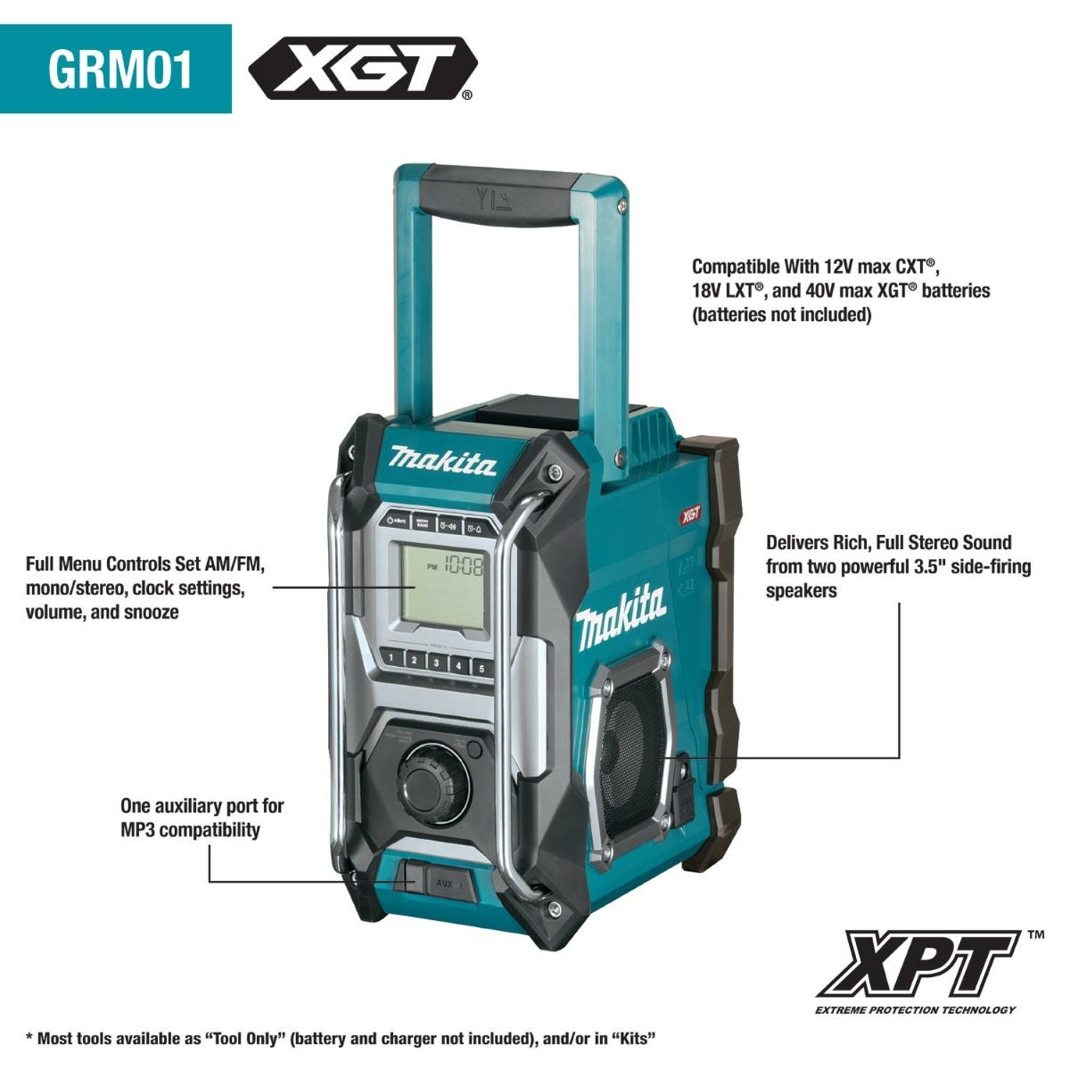 Makita GRM01 40V max XGT Cordless/Corded Job Site Radio, Tool Only