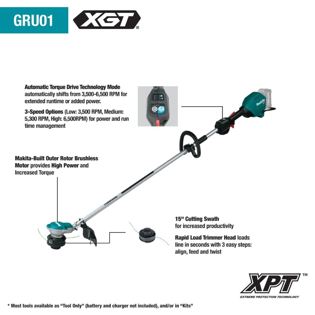 Makita GRU01Z 40V max XGT Brushless Cordless 15" String Trimmer, Tool Only