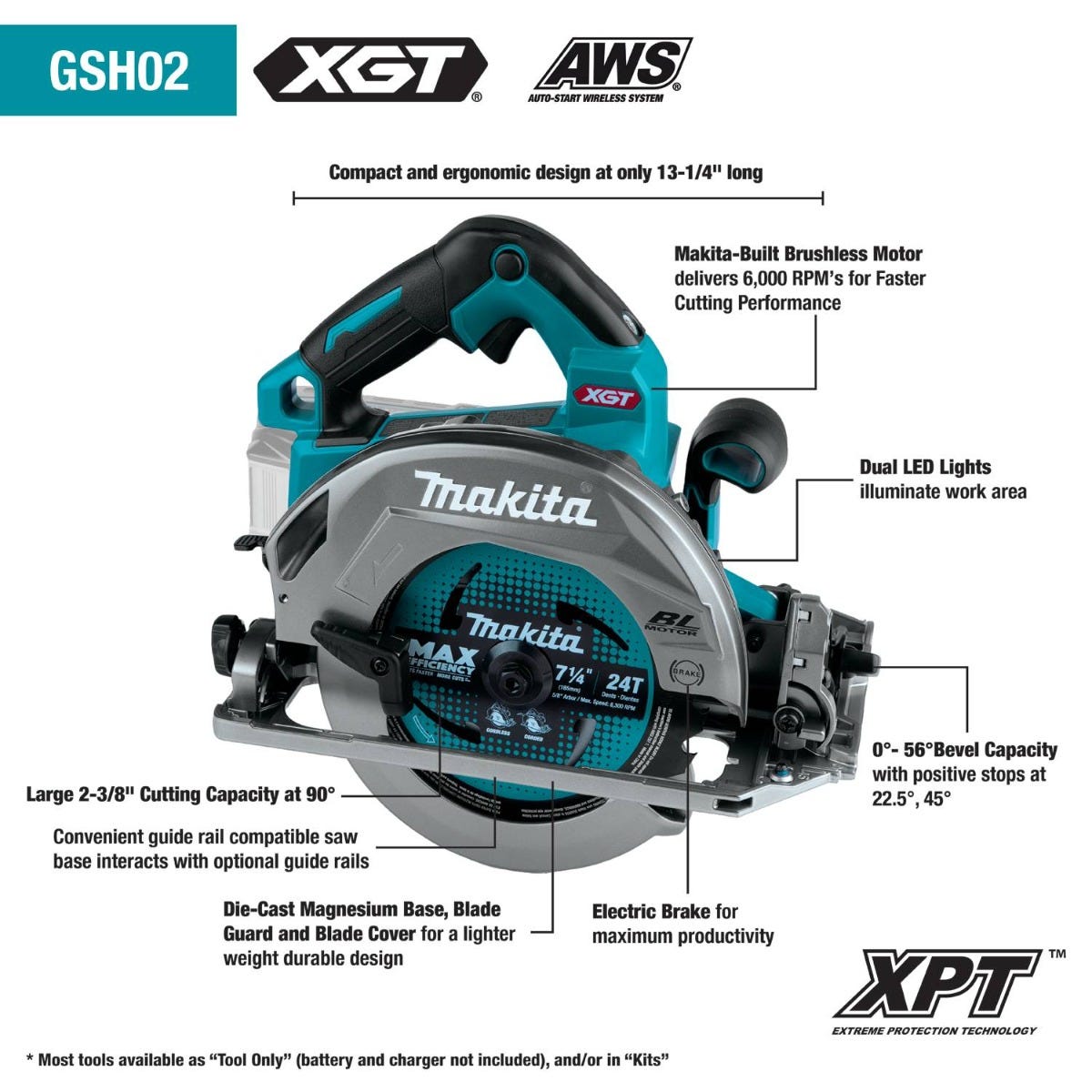 Makita GSH02Z 40V max XGT Brushless Cordless 7-1/4" Circular Saw with Guide Rail Compatible Base, AWS Capable, Tool Only