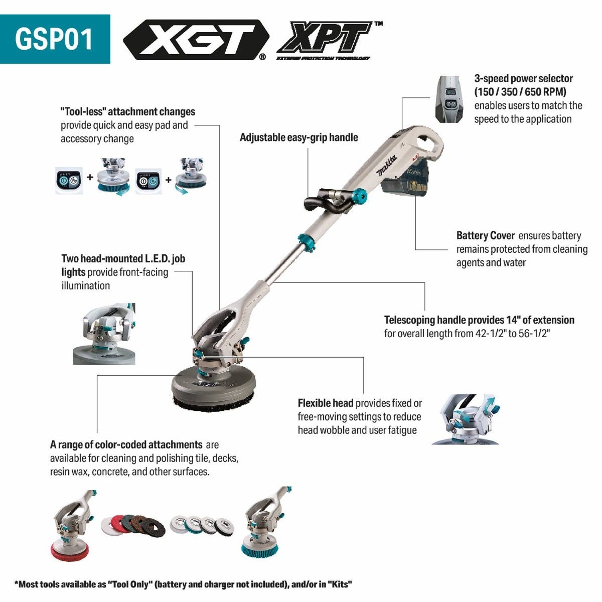 Makita GSP01M1 40V max XGTÂ® Brushless Cordless Telescoping 8" Polisher / Scrubber Kit, (4.0Ah)