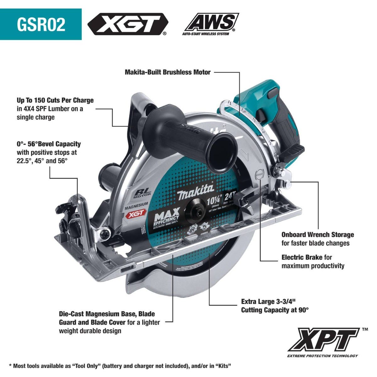 Makita GSR02Z 40V max XGT Brushless Cordless Rear Handle 10-1/4" Circular Saw, AWS Capable, Tool Only