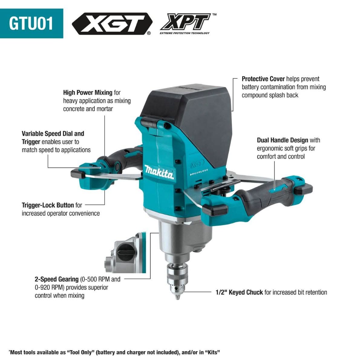 Makita GTU01Z 40V max XGT Brushless Cordless 1/2" Mixer, Tool Only