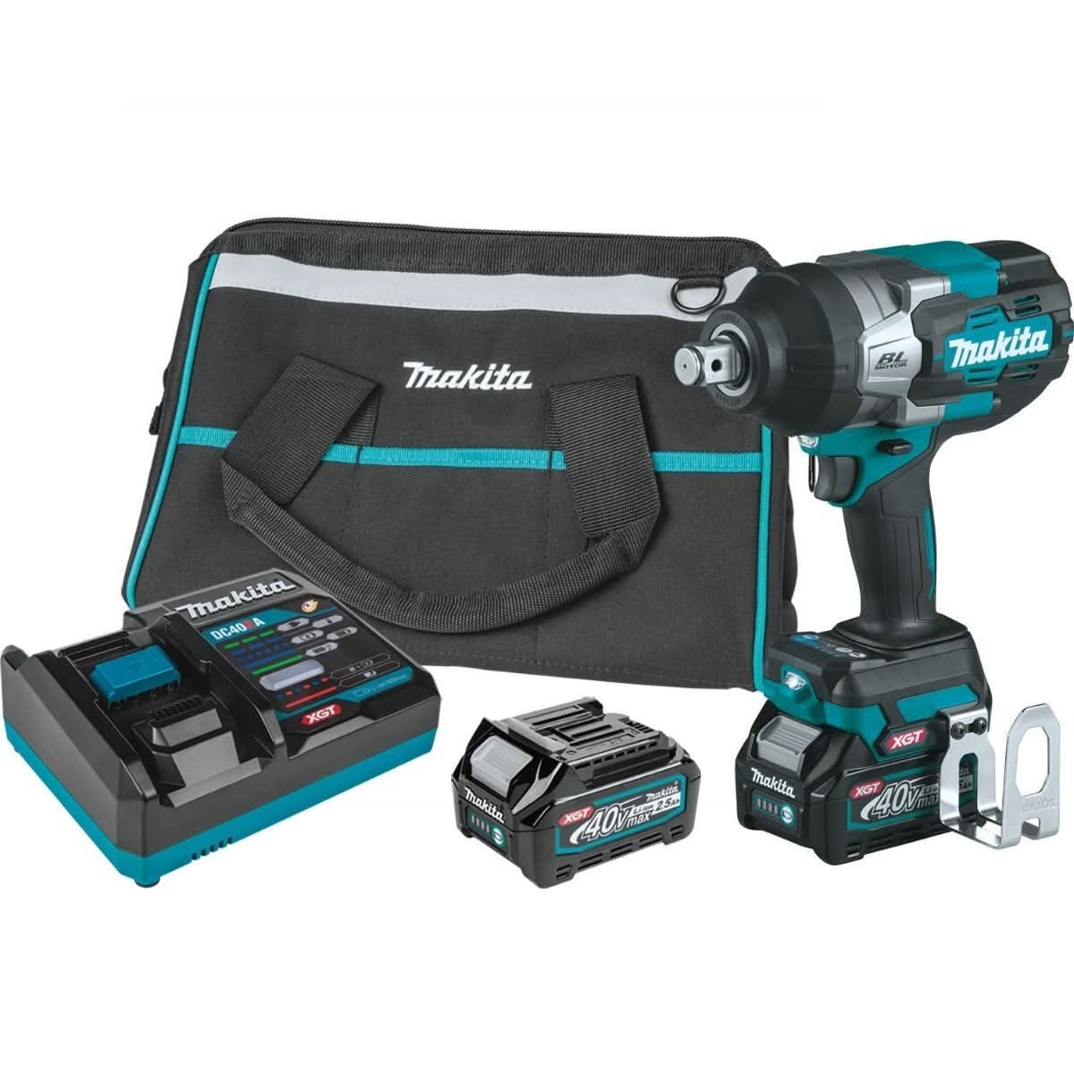 Makita 40V max XGT Brushless Cordless 4-Speed High-Torque 3/4-Inch Square Drive Impact Wrench 2.5Ah Kit with 5" X-LOCK Paddle Switch Angle Grinder (Bare Tool)