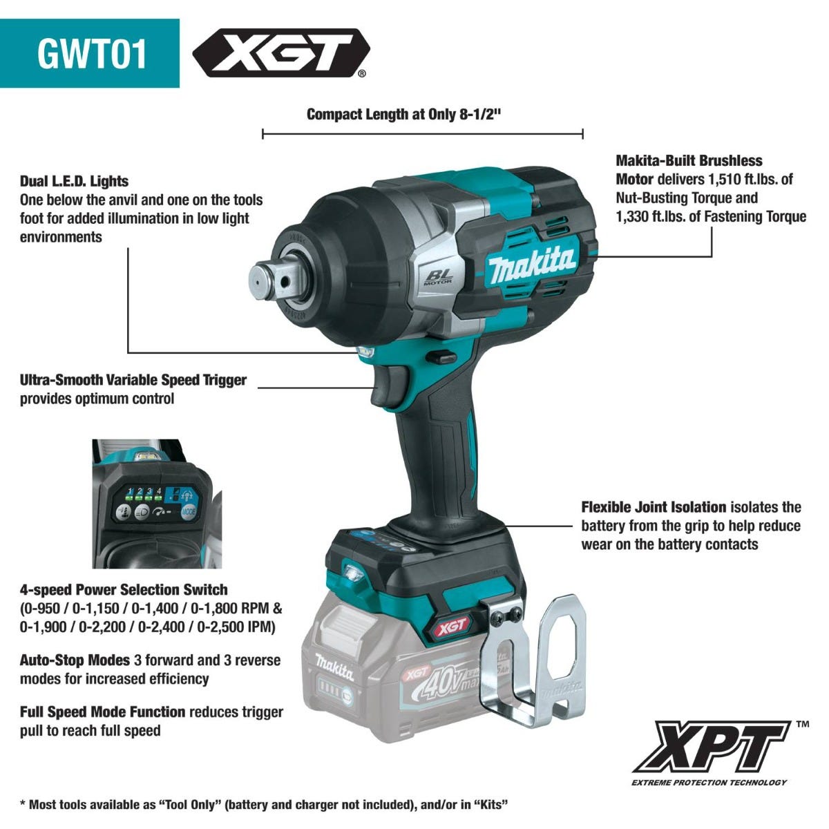 Makita GWT01Z 40V max XGT Brushless Cordless 4-Speed High-Torque 3/4" Sq. Drive Impact Wrench w/ Friction Ring Anvil, Tool Only