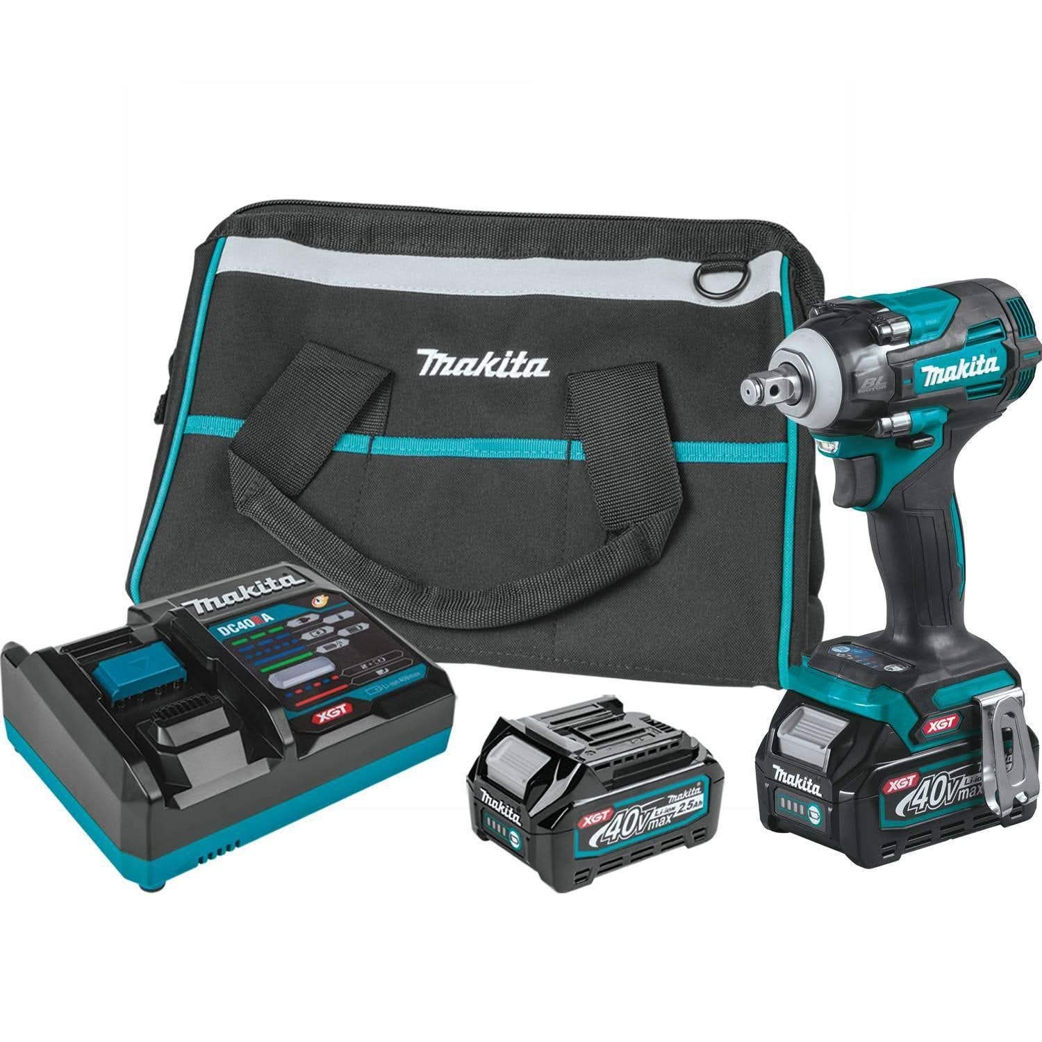 Makita 40V max XGT Brushless Cordless 4-Speed 1/2-Inch Square Drive Impact Wrench 2.5Ah Kit with 5" X-LOCK Paddle Switch Angle Grinder (Bare Tool)