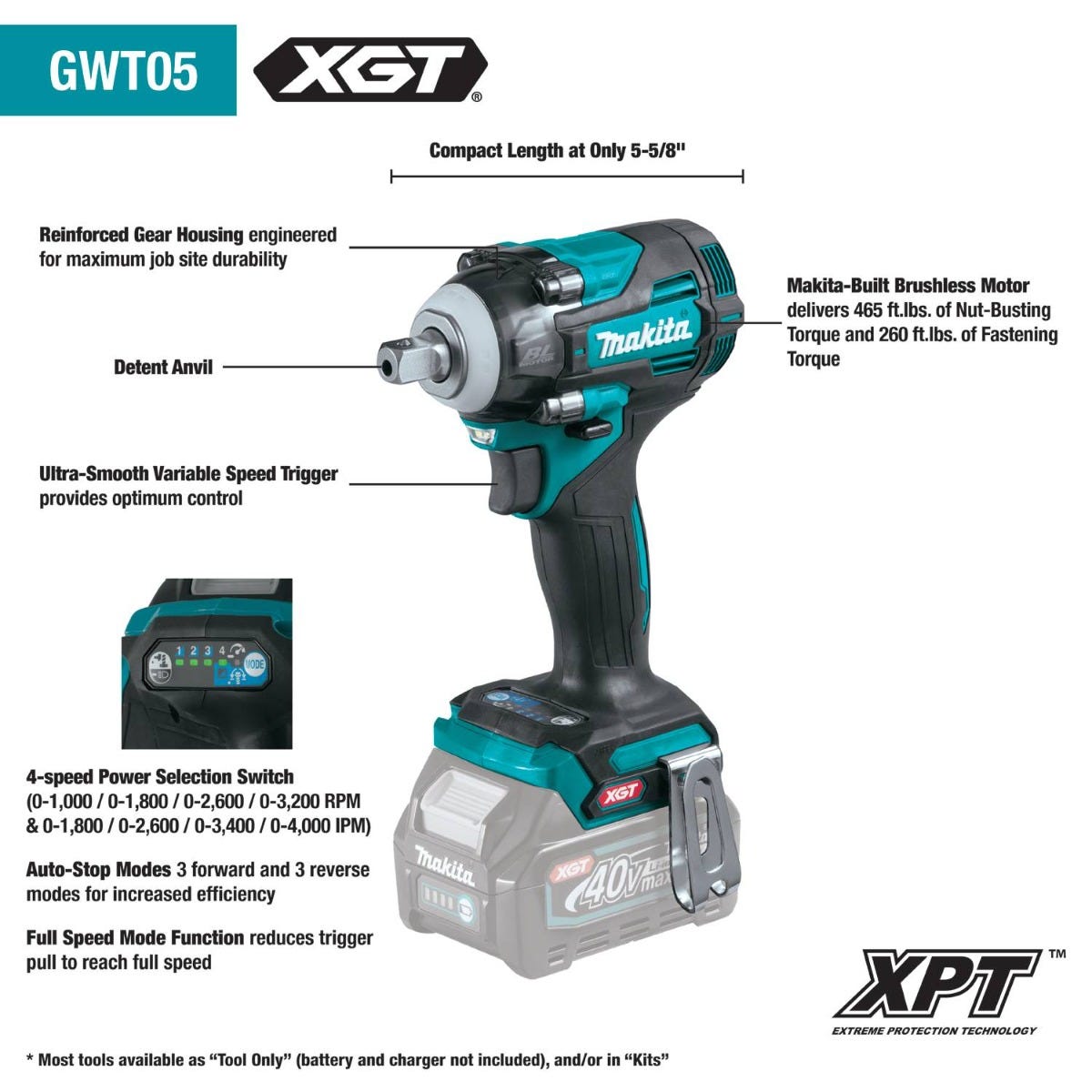 Makita GWT05Z 40V max XGT Brushless Cordless 4-Speed 1/2" Sq. Drive Impact Wrench w/ Detent Anvil, Tool Only