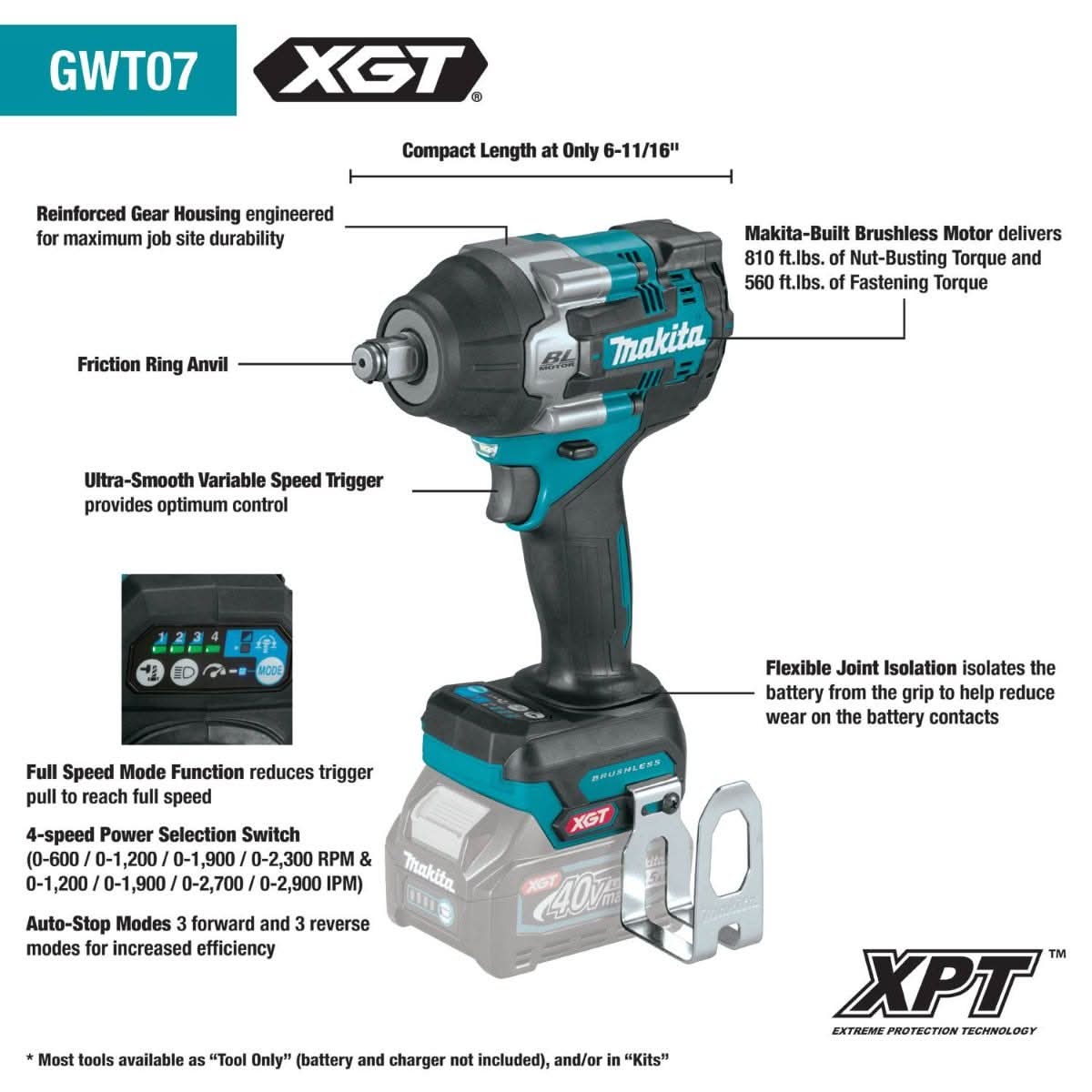 Makita GWT07D 40V max XGT Brushless Cordless 4-Speed Mid-Torque 1/2" Sq. Drive Impact Wrench Kit w/ Friction Ring Anvil (2.5Ah)