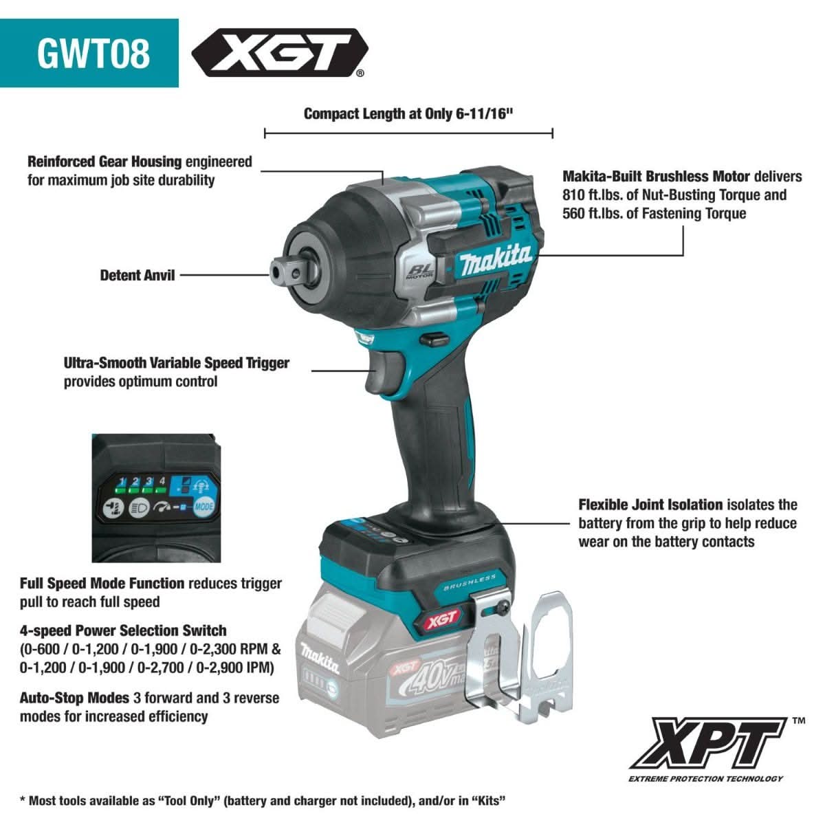 Makita GWT08D 40V max XGT Brushless Cordless 4-Speed Mid-Torque 1/2" Sq. Drive Impact Wrench Kit w/ Detent Anvil (2.5Ah)